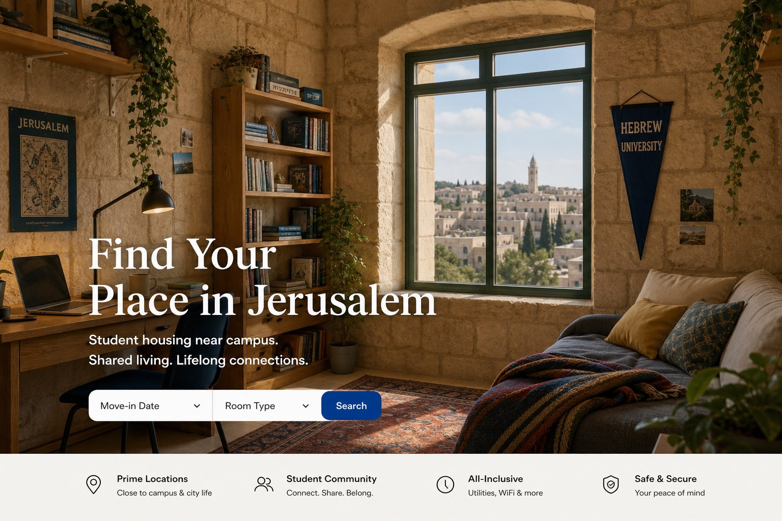 Student apartment with desk and Jerusalem view