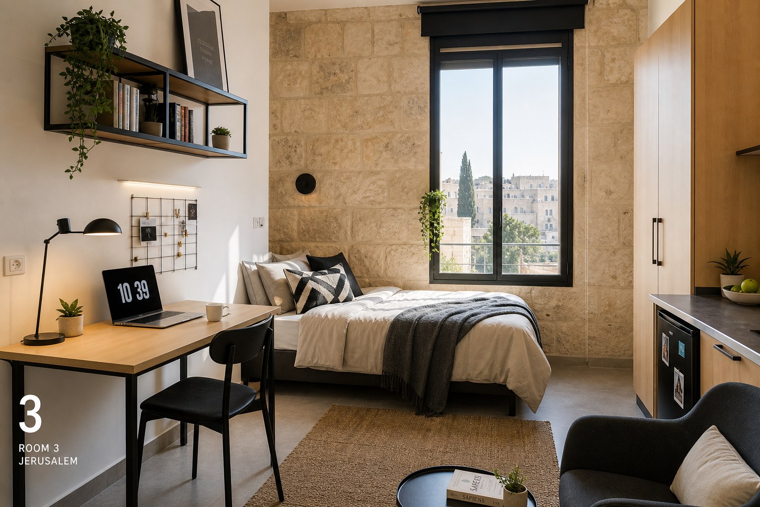 Compact student studio with workspace